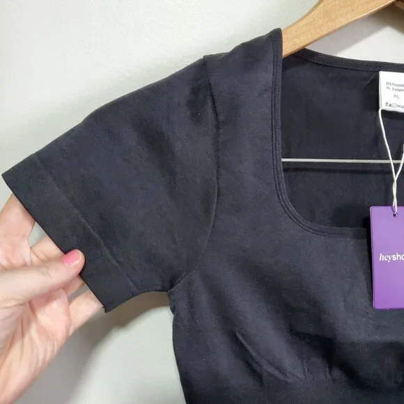 HEYSHAPE HEY SHAPE NWT Square Neck Bodysuit SS One Piece Stretch Black Womens XL - Picture 2 of 12